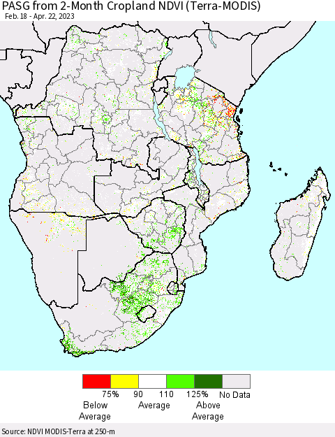Southern Africa PASG from 2-Month Cropland NDVI (Terra-MODIS) Thematic Map For 4/15/2023 - 4/22/2023