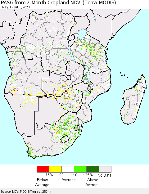 Southern Africa PASG from 2-Month Cropland NDVI (Terra-MODIS) Thematic Map For 6/26/2023 - 7/3/2023