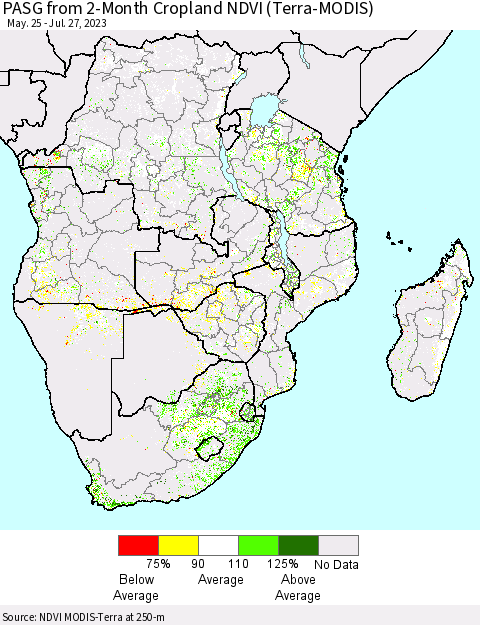 Southern Africa PASG from 2-Month Cropland NDVI (Terra-MODIS) Thematic Map For 7/20/2023 - 7/27/2023