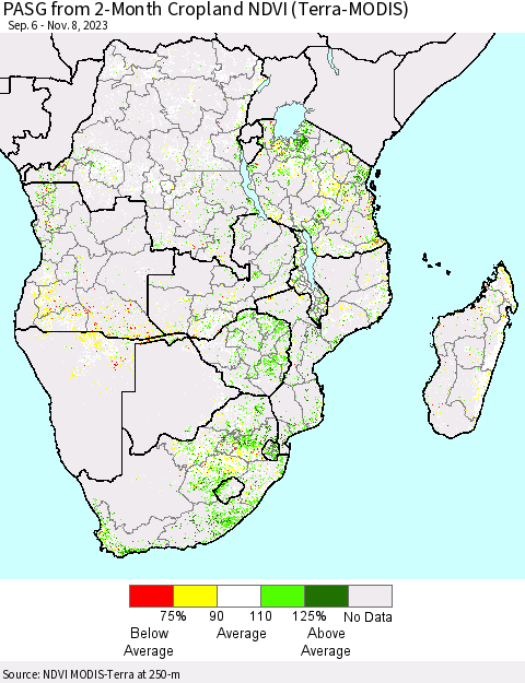 Southern Africa PASG from 2-Month Cropland NDVI (Terra-MODIS) Thematic Map For 11/1/2023 - 11/8/2023