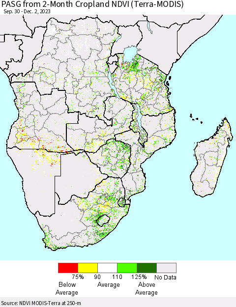 Southern Africa PASG from 2-Month Cropland NDVI (Terra-MODIS) Thematic Map For 11/25/2023 - 12/2/2023