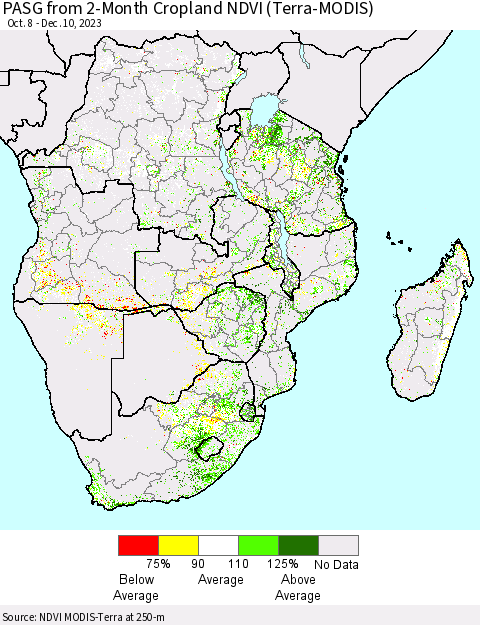 Southern Africa PASG from 2-Month Cropland NDVI (Terra-MODIS) Thematic Map For 12/3/2023 - 12/10/2023