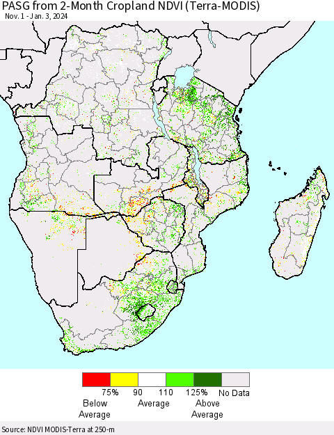 Southern Africa PASG from 2-Month Cropland NDVI (Terra-MODIS) Thematic Map For 12/27/2023 - 1/3/2024
