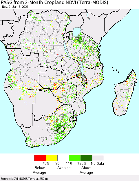 Southern Africa PASG from 2-Month Cropland NDVI (Terra-MODIS) Thematic Map For 1/1/2024 - 1/8/2024
