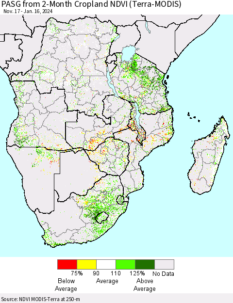 Southern Africa PASG from 2-Month Cropland NDVI (Terra-MODIS) Thematic Map For 1/9/2024 - 1/16/2024