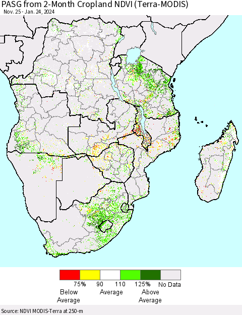 Southern Africa PASG from 2-Month Cropland NDVI (Terra-MODIS) Thematic Map For 1/17/2024 - 1/24/2024