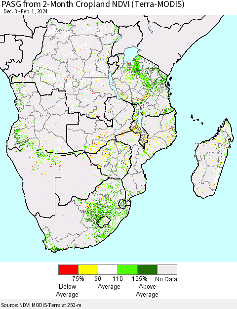 Southern Africa PASG from 2-Month Cropland NDVI (Terra-MODIS) Thematic Map For 1/25/2024 - 2/1/2024