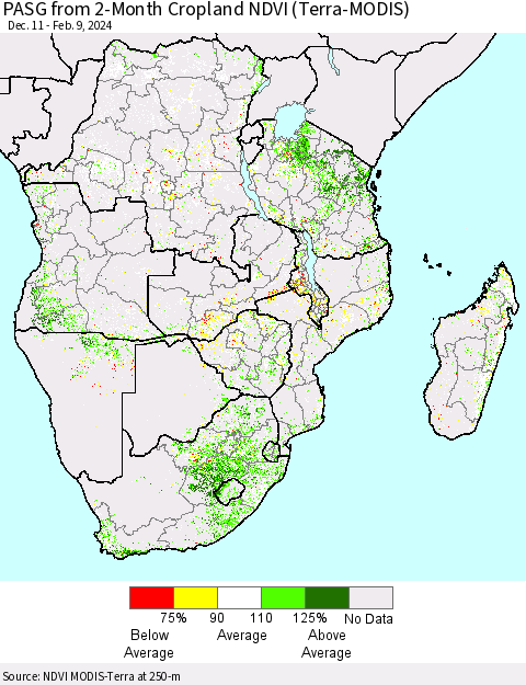 Southern Africa PASG from 2-Month Cropland NDVI (Terra-MODIS) Thematic Map For 2/2/2024 - 2/9/2024