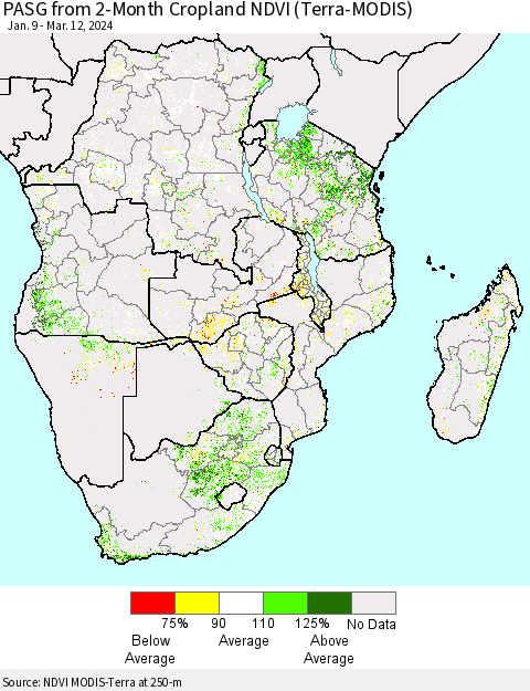 Southern Africa PASG from 2-Month Cropland NDVI (Terra-MODIS) Thematic Map For 3/5/2024 - 3/12/2024