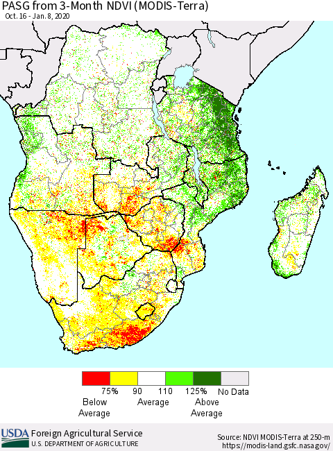 Southern Africa PASG from 3-Month NDVI (Terra-MODIS) Thematic Map For 1/1/2020 - 1/10/2020