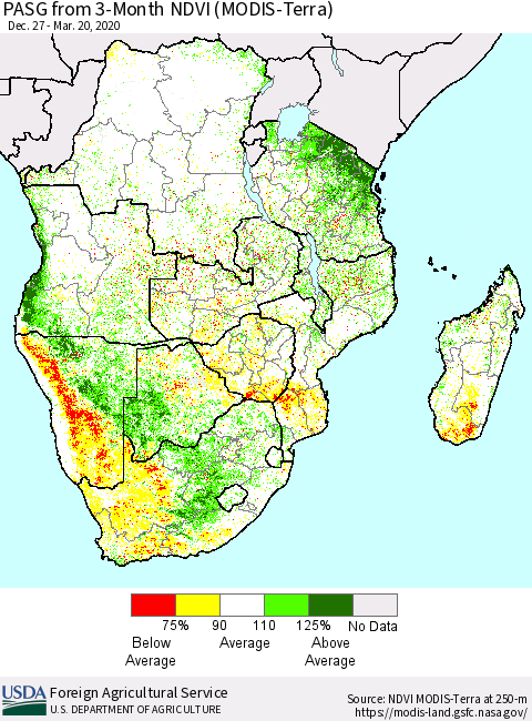 Southern Africa PASG from 3-Month NDVI (Terra-MODIS) Thematic Map For 3/11/2020 - 3/20/2020