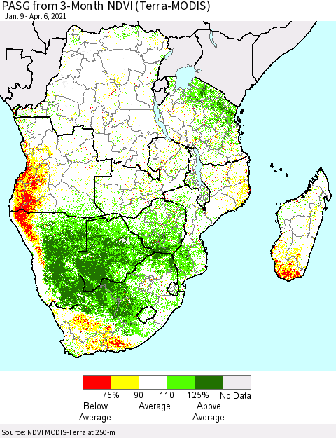 Southern Africa PASG from 3-Month NDVI (Terra-MODIS) Thematic Map For 3/30/2021 - 4/6/2021