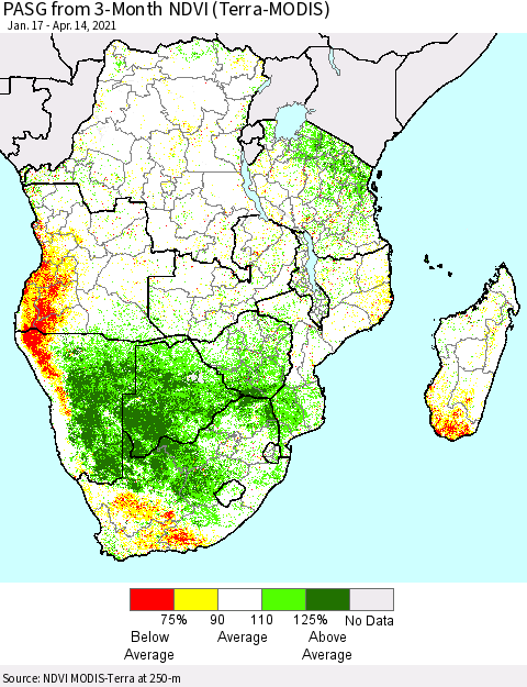 Southern Africa PASG from 3-Month NDVI (Terra-MODIS) Thematic Map For 4/7/2021 - 4/14/2021