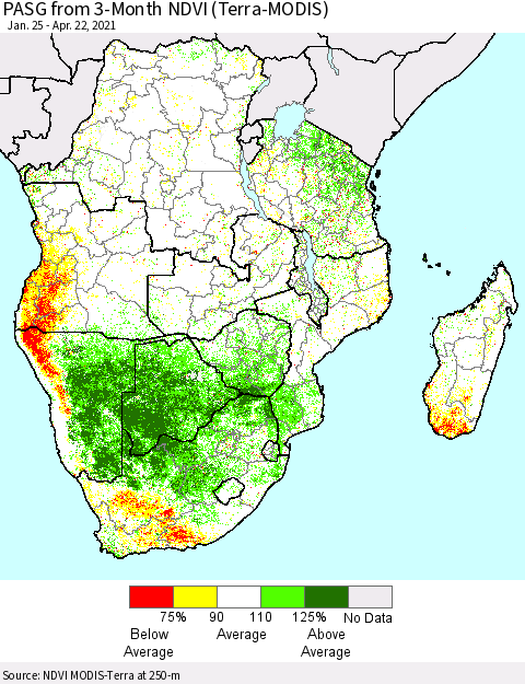 Southern Africa PASG from 3-Month NDVI (Terra-MODIS) Thematic Map For 4/15/2021 - 4/22/2021