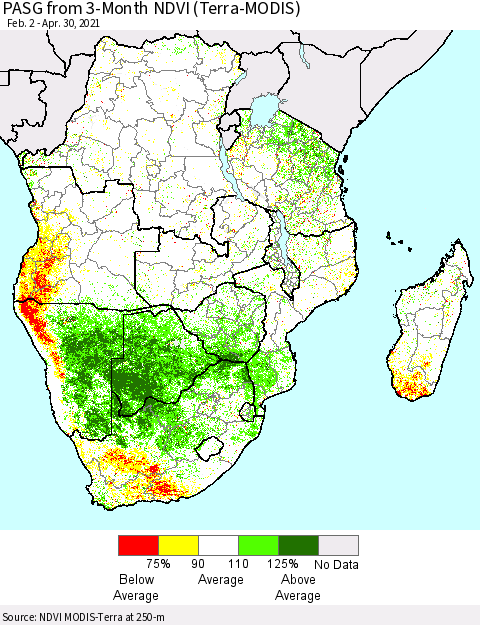 Southern Africa PASG from 3-Month NDVI (Terra-MODIS) Thematic Map For 4/23/2021 - 4/30/2021