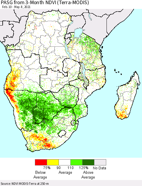 Southern Africa PASG from 3-Month NDVI (Terra-MODIS) Thematic Map For 5/1/2021 - 5/8/2021