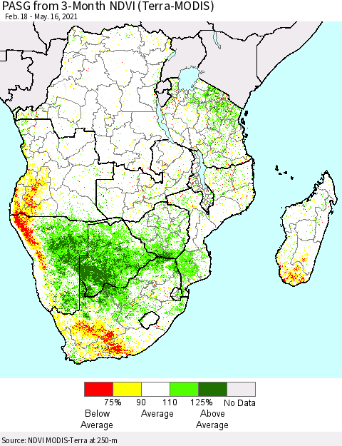 Southern Africa PASG from 3-Month NDVI (Terra-MODIS) Thematic Map For 5/9/2021 - 5/16/2021