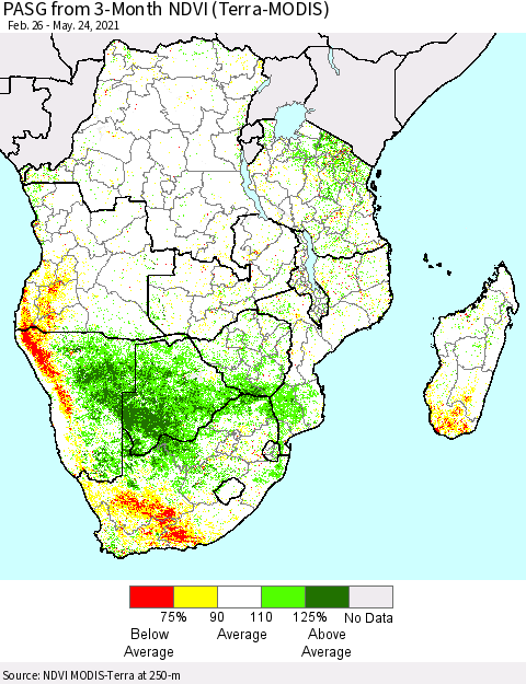 Southern Africa PASG from 3-Month NDVI (Terra-MODIS) Thematic Map For 5/17/2021 - 5/24/2021
