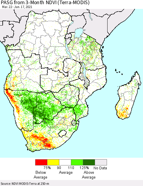 Southern Africa PASG from 3-Month NDVI (Terra-MODIS) Thematic Map For 6/10/2021 - 6/17/2021
