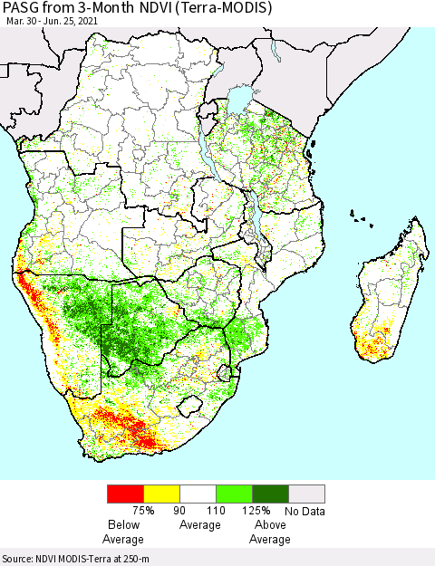 Southern Africa PASG from 3-Month NDVI (Terra-MODIS) Thematic Map For 6/18/2021 - 6/25/2021