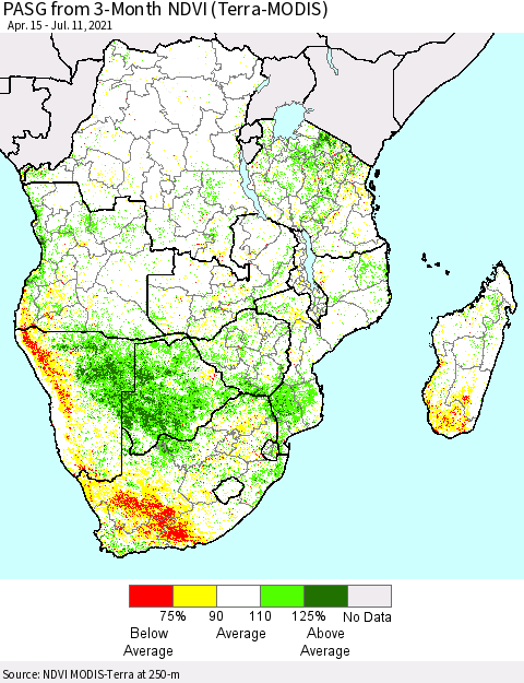 Southern Africa PASG from 3-Month NDVI (Terra-MODIS) Thematic Map For 7/4/2021 - 7/11/2021