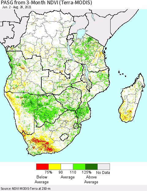 Southern Africa PASG from 3-Month NDVI (Terra-MODIS) Thematic Map For 8/21/2021 - 8/28/2021
