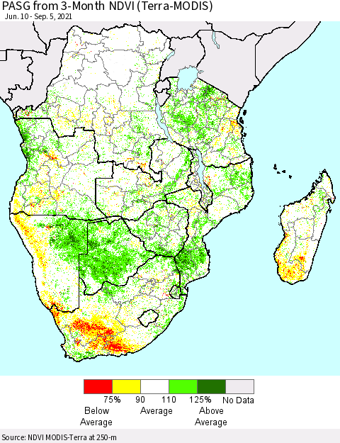 Southern Africa PASG from 3-Month NDVI (Terra-MODIS) Thematic Map For 8/29/2021 - 9/5/2021