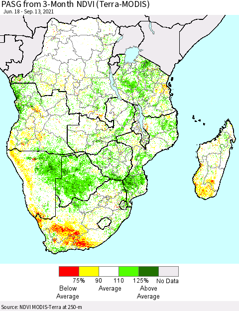 Southern Africa PASG from 3-Month NDVI (Terra-MODIS) Thematic Map For 9/6/2021 - 9/13/2021