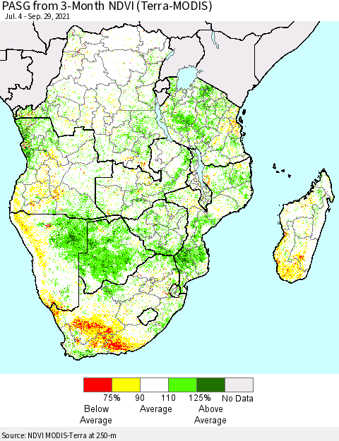Southern Africa PASG from 3-Month NDVI (Terra-MODIS) Thematic Map For 9/22/2021 - 9/29/2021