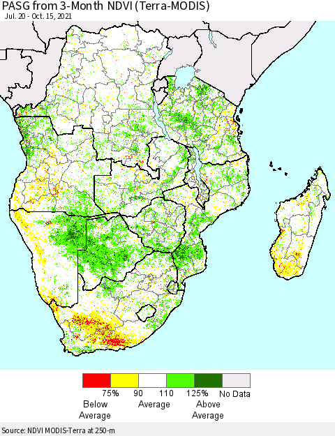 Southern Africa PASG from 3-Month NDVI (Terra-MODIS) Thematic Map For 10/8/2021 - 10/15/2021