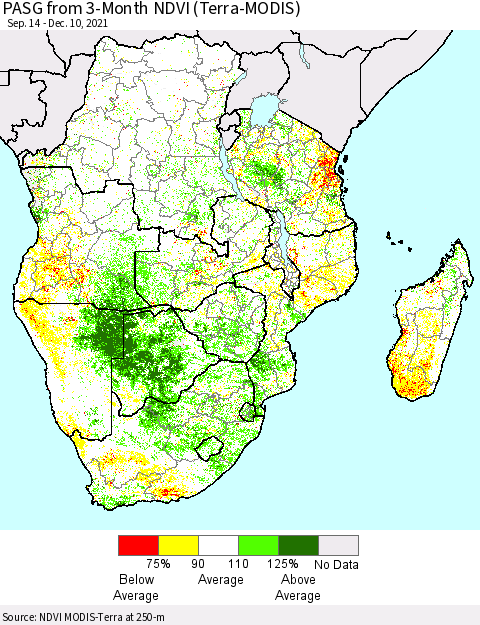 Southern Africa PASG from 3-Month NDVI (Terra-MODIS) Thematic Map For 12/3/2021 - 12/10/2021