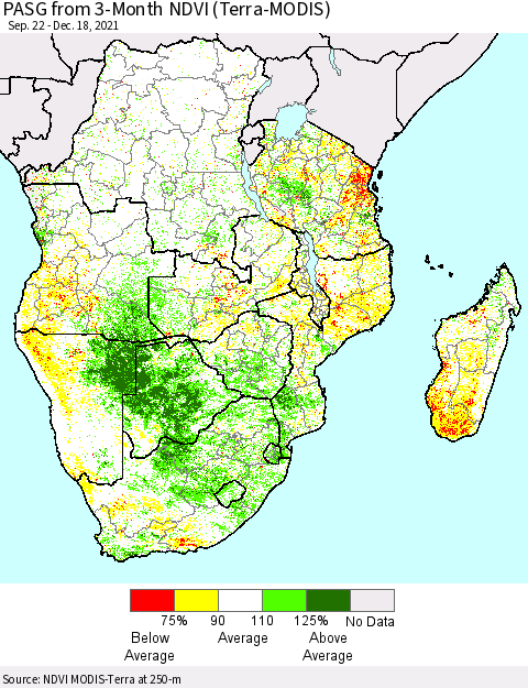 Southern Africa PASG from 3-Month NDVI (Terra-MODIS) Thematic Map For 12/11/2021 - 12/18/2021
