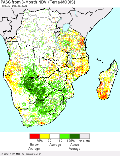 Southern Africa PASG from 3-Month NDVI (Terra-MODIS) Thematic Map For 12/19/2021 - 12/26/2021
