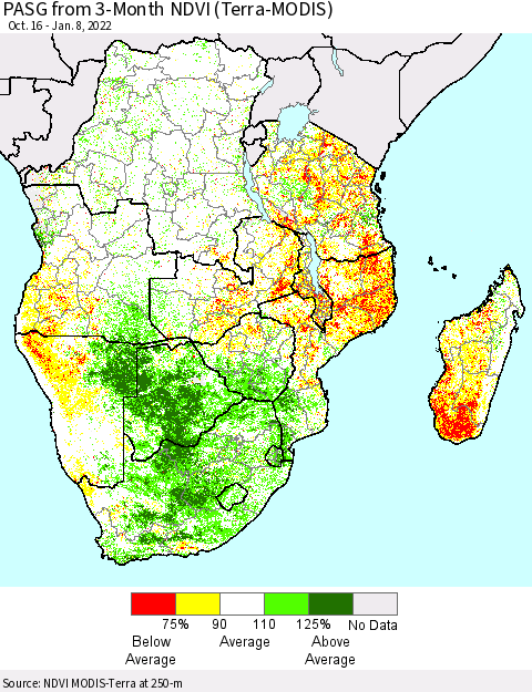 Southern Africa PASG from 3-Month NDVI (Terra-MODIS) Thematic Map For 1/1/2022 - 1/8/2022