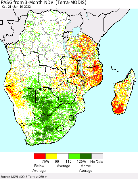 Southern Africa PASG from 3-Month NDVI (Terra-MODIS) Thematic Map For 1/9/2022 - 1/16/2022