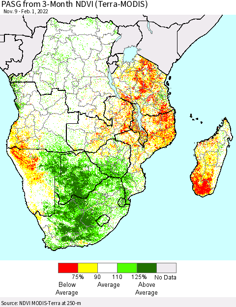 Southern Africa PASG from 3-Month NDVI (Terra-MODIS) Thematic Map For 1/25/2022 - 2/1/2022