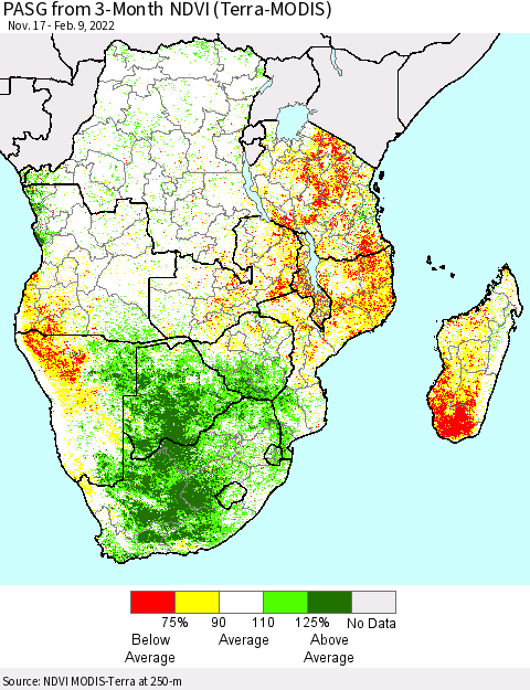Southern Africa PASG from 3-Month NDVI (Terra-MODIS) Thematic Map For 2/2/2022 - 2/9/2022