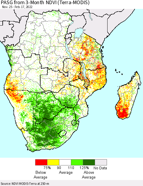 Southern Africa PASG from 3-Month NDVI (Terra-MODIS) Thematic Map For 2/10/2022 - 2/17/2022