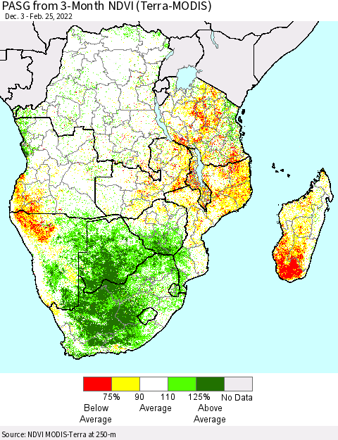 Southern Africa PASG from 3-Month NDVI (Terra-MODIS) Thematic Map For 2/18/2022 - 2/25/2022