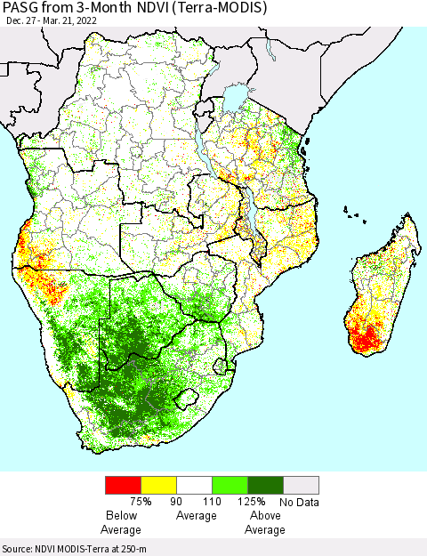 Southern Africa PASG from 3-Month NDVI (Terra-MODIS) Thematic Map For 3/14/2022 - 3/21/2022