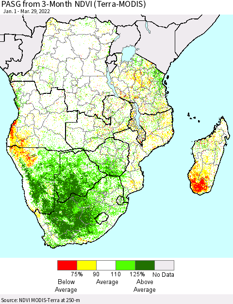 Southern Africa PASG from 3-Month NDVI (Terra-MODIS) Thematic Map For 3/22/2022 - 3/29/2022