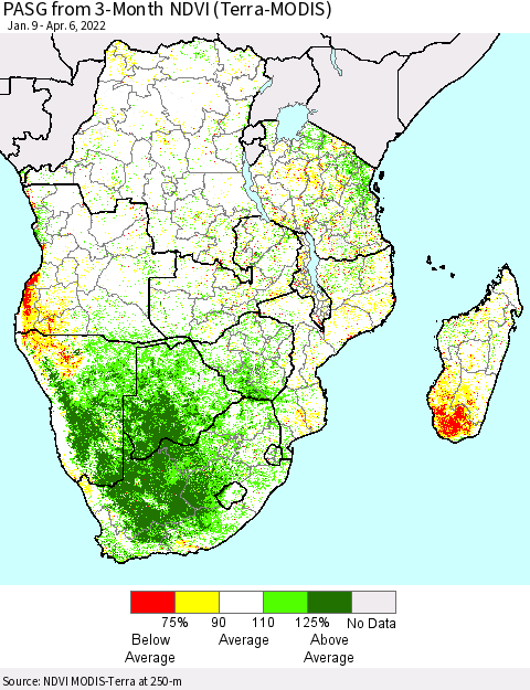 Southern Africa PASG from 3-Month NDVI (Terra-MODIS) Thematic Map For 3/30/2022 - 4/6/2022