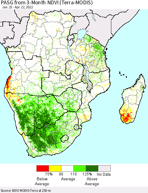 Southern Africa PASG from 3-Month NDVI (Terra-MODIS) Thematic Map For 4/15/2022 - 4/22/2022