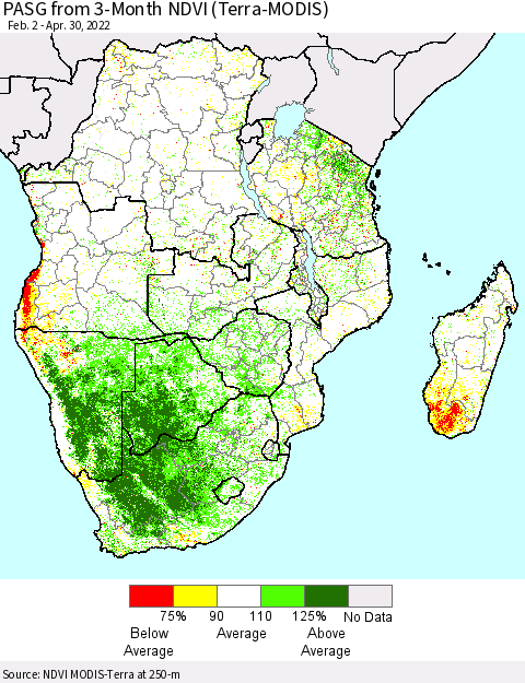 Southern Africa PASG from 3-Month NDVI (Terra-MODIS) Thematic Map For 4/23/2022 - 4/30/2022