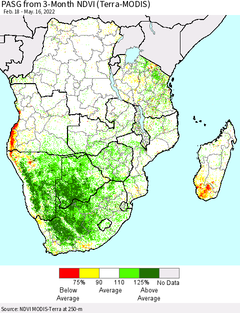 Southern Africa PASG from 3-Month NDVI (Terra-MODIS) Thematic Map For 5/9/2022 - 5/16/2022