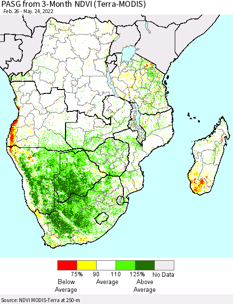 Southern Africa PASG from 3-Month NDVI (Terra-MODIS) Thematic Map For 5/17/2022 - 5/24/2022