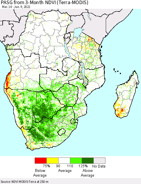 Southern Africa PASG from 3-Month NDVI (Terra-MODIS) Thematic Map For 6/2/2022 - 6/9/2022