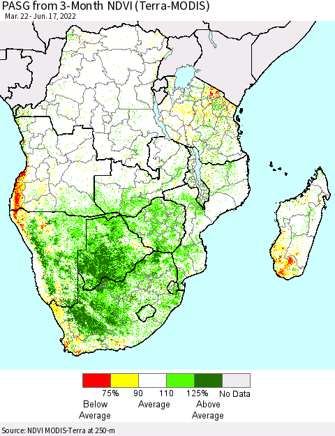 Southern Africa PASG from 3-Month NDVI (Terra-MODIS) Thematic Map For 6/10/2022 - 6/17/2022