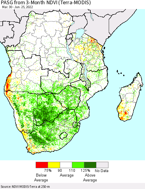 Southern Africa PASG from 3-Month NDVI (Terra-MODIS) Thematic Map For 6/18/2022 - 6/25/2022