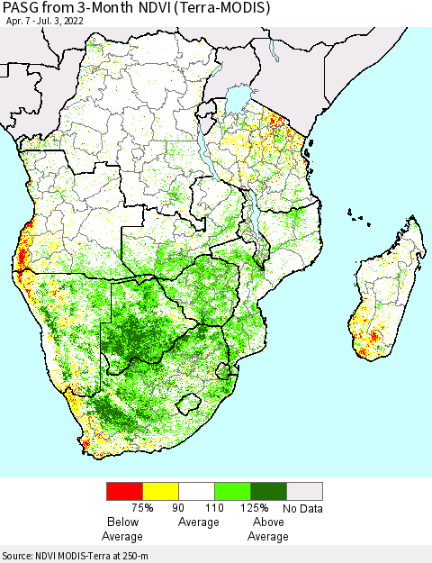 Southern Africa PASG from 3-Month NDVI (Terra-MODIS) Thematic Map For 6/26/2022 - 7/3/2022